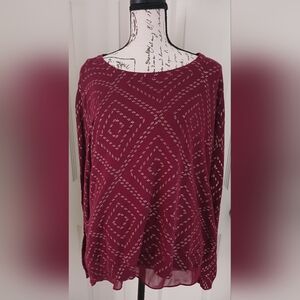 5/$25 Lucky Brand Women's Burgundy Patterned Top Size XL